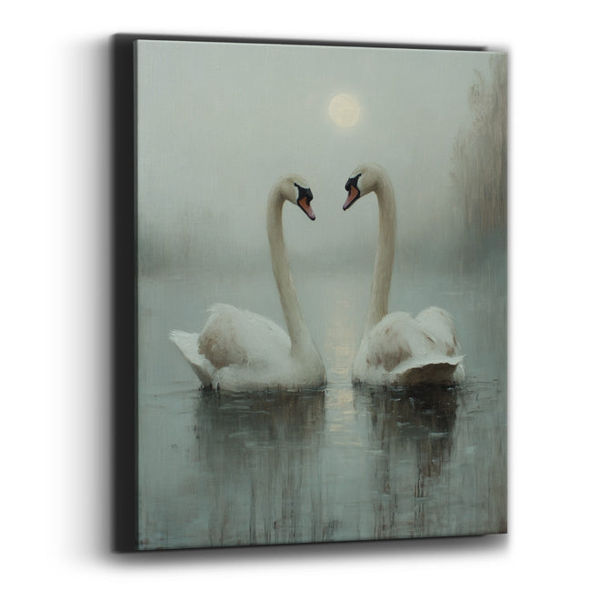Moonlit Swan Pair Misty Lake Canvas Wall Art