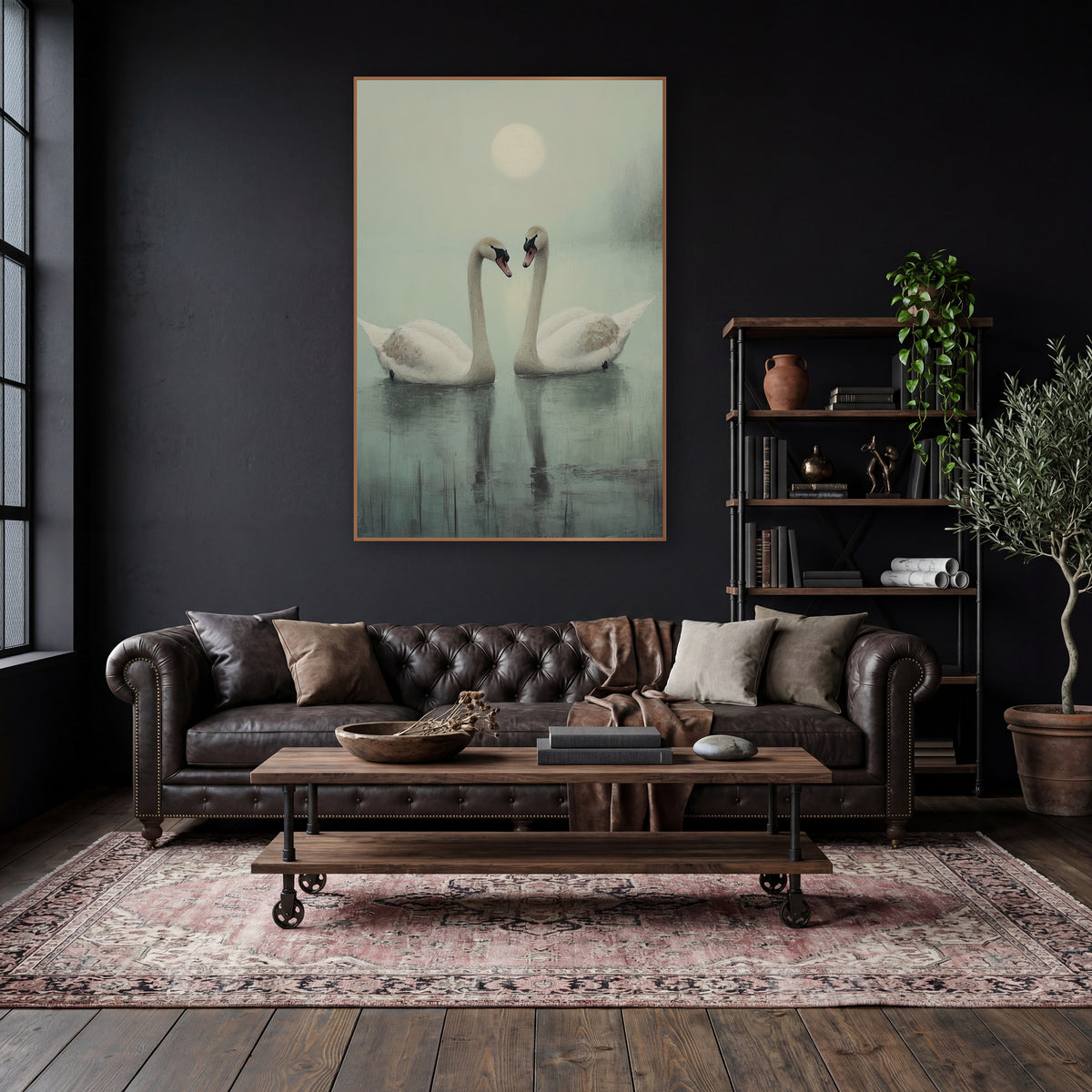 Misty Swan Pair Tonalist wall art in a moody dark academia room – two white swans with curved necks facing each other