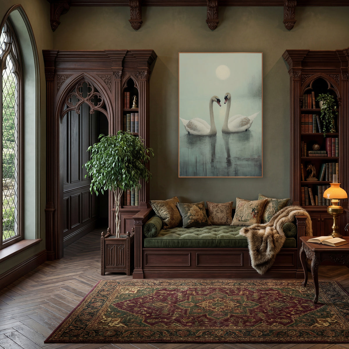 Misty Swan Pair Tonalist wall art in a moody dark academia room – two white swans with curved necks facing each other