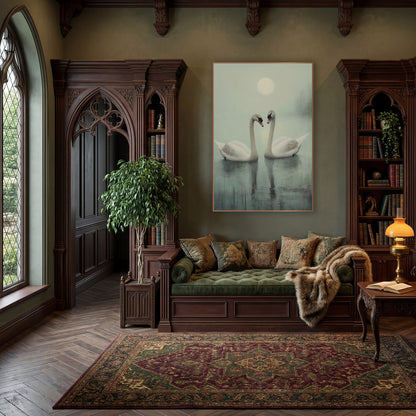 Misty Swan Pair Tonalist wall art in a moody dark academia room – two white swans with curved necks facing each other