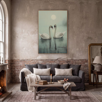 Misty Swan Pair Tonalist wall art in a moody dark academia room – two white swans with curved necks facing each other