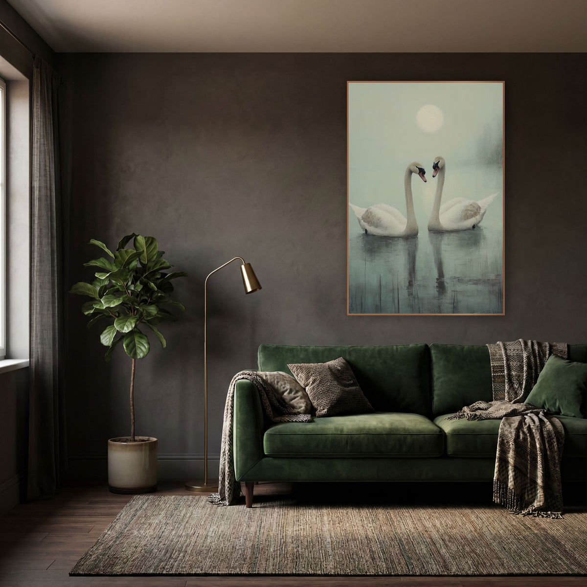 Misty Swan Pair Tonalist wall art in a moody dark academia room – two white swans with curved necks facing each other