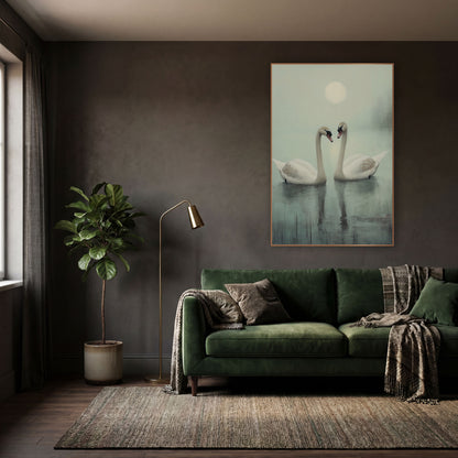 Misty Swan Pair Tonalist wall art in a moody dark academia room – two white swans with curved necks facing each other