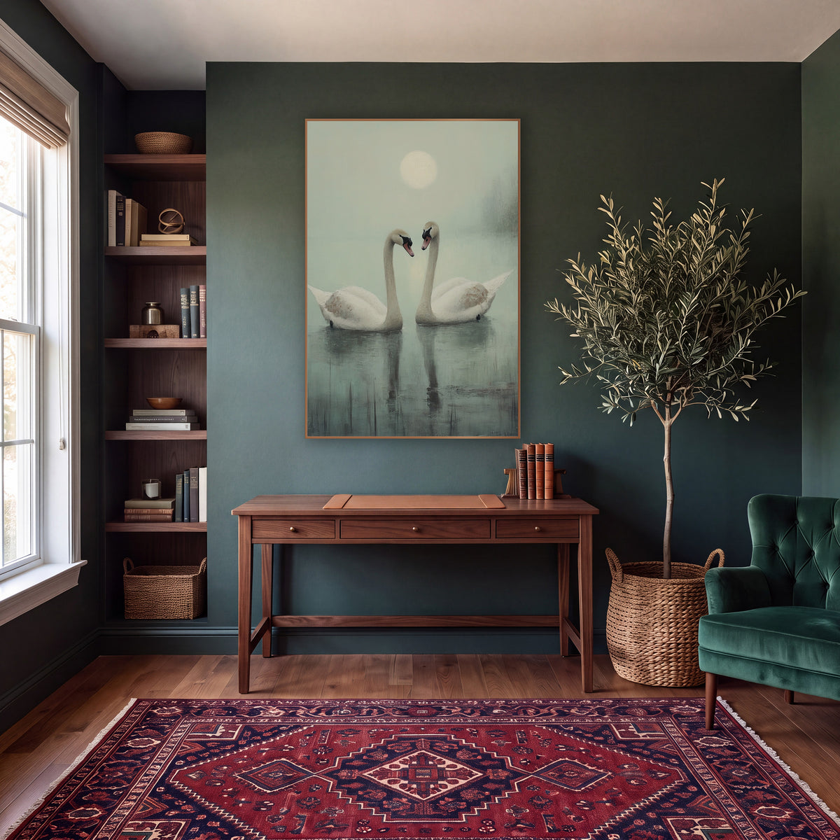 Misty Swan Pair Tonalist wall art in a moody dark academia room – two white swans with curved necks facing each other