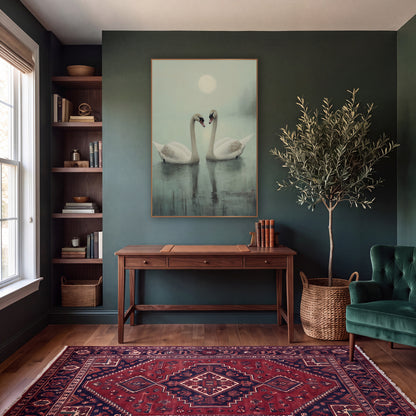 Misty Swan Pair Tonalist wall art in a moody dark academia room – two white swans with curved necks facing each other