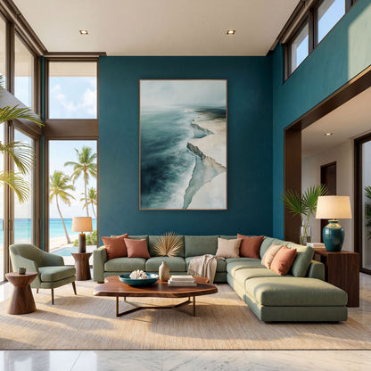 Aerial Chalk Cliff Coastline Abstract wall art in a bright coastal-style room – aerial coastline artwork with deep
