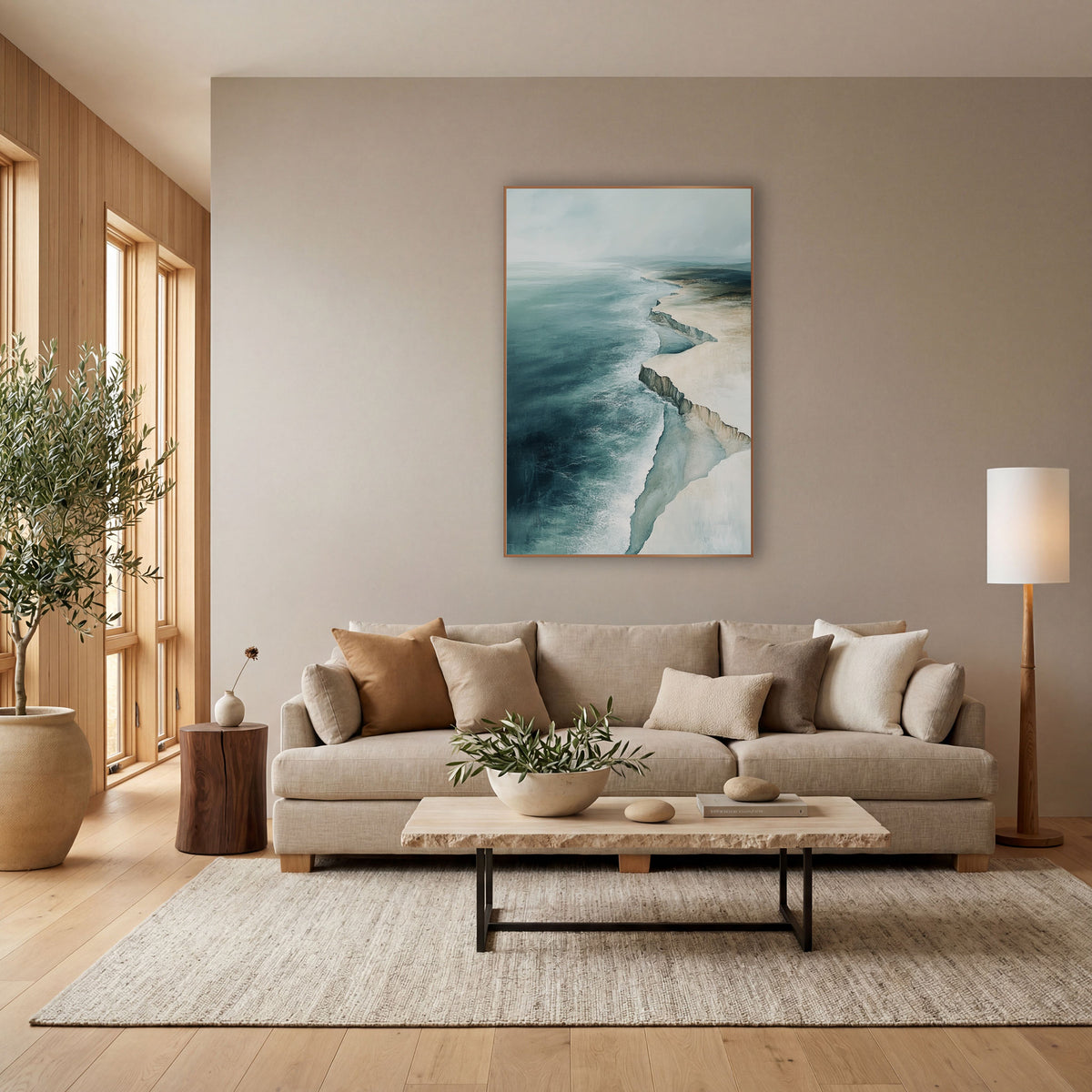 Aerial Chalk Cliff Coastline Abstract wall art in a bright coastal-style room – aerial coastline artwork with deep