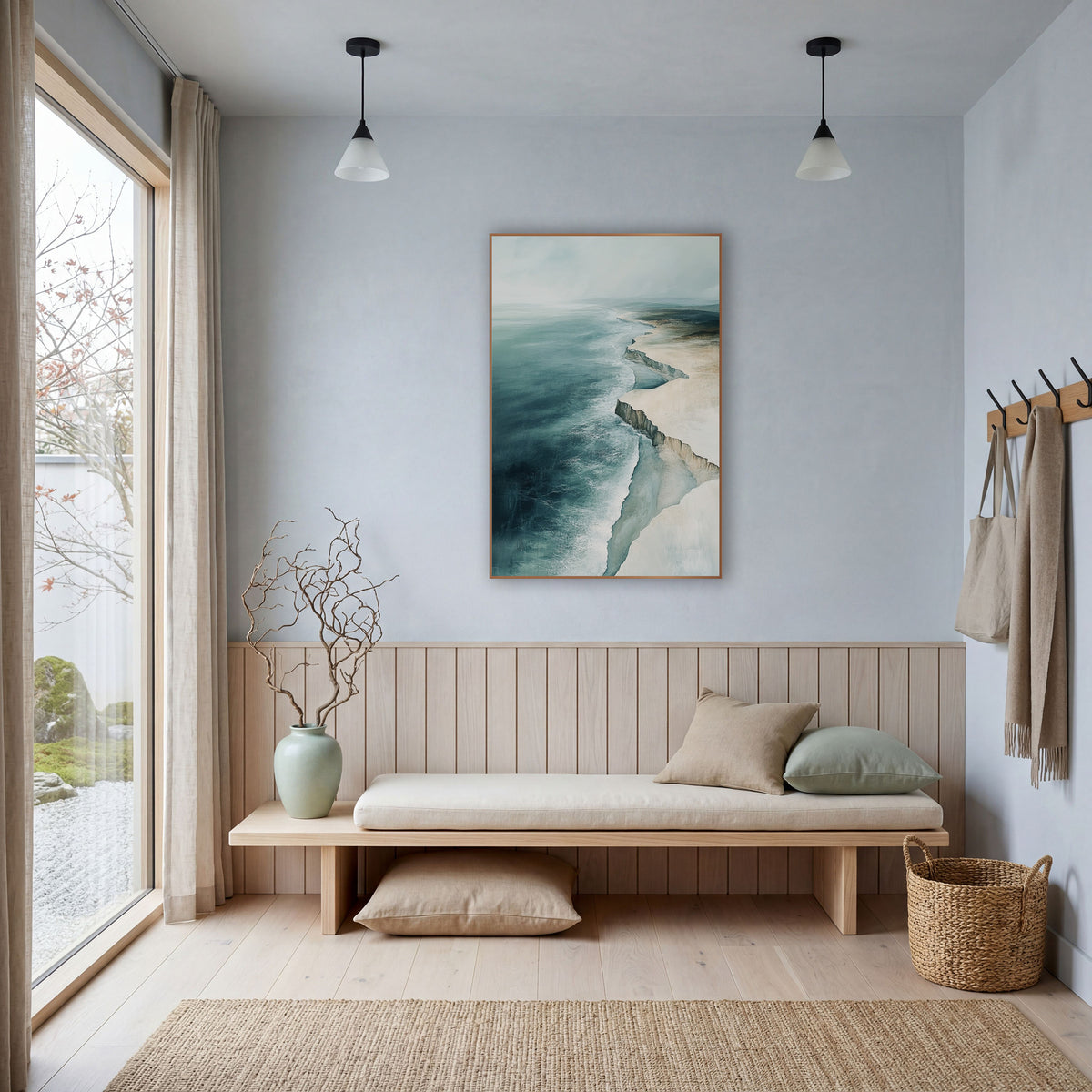Aerial Chalk Cliff Coastline Abstract wall art in a bright coastal-style room – aerial coastline artwork with deep