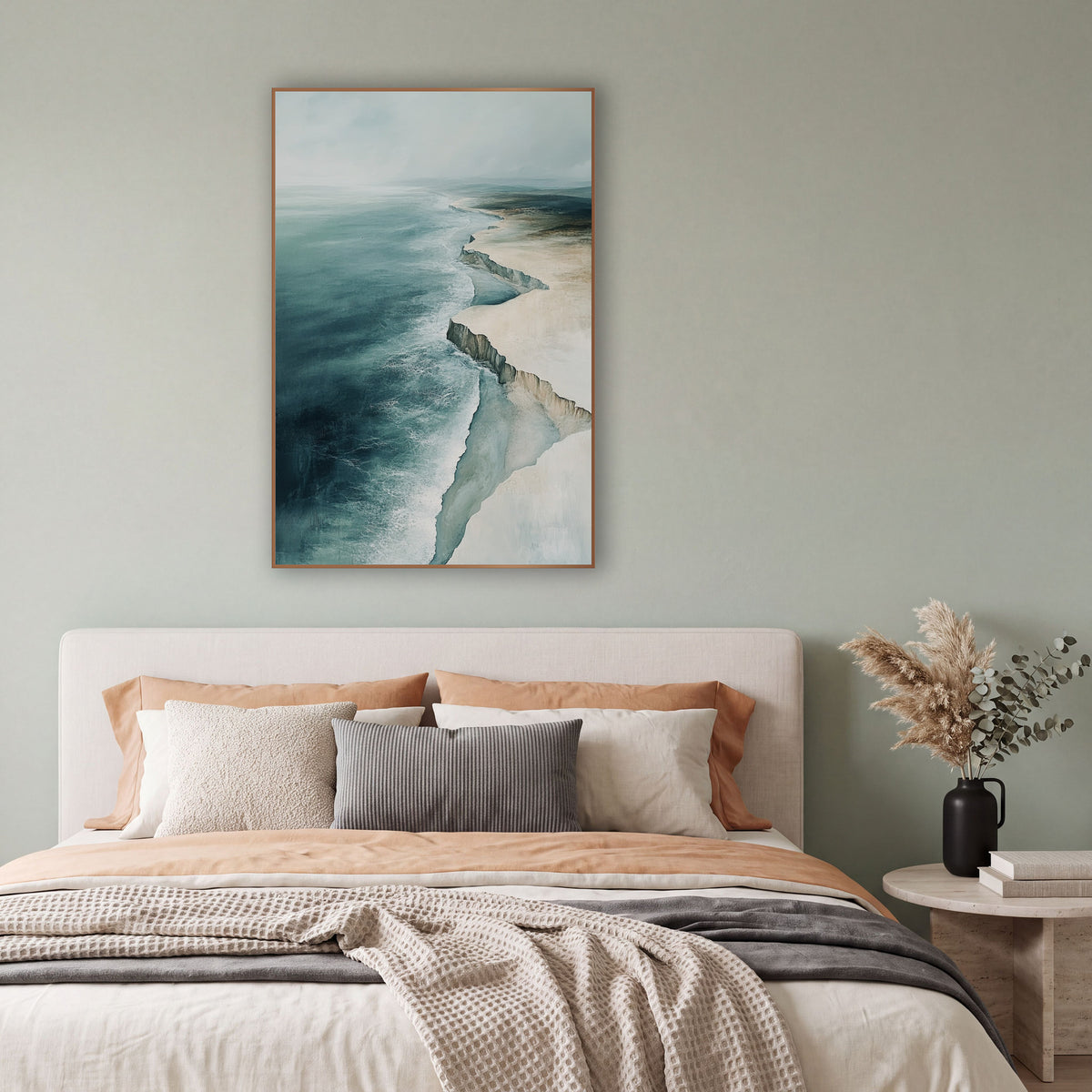 Aerial Chalk Cliff Coastline Abstract wall art in a bright coastal-style room – aerial coastline artwork with deep