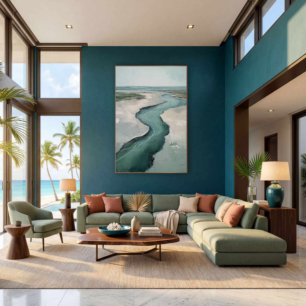 Teal Tidal Creek Coastal Landscape wall art in a bright coastal-style room – aerial view of a winding teal creek