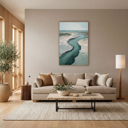 Teal Tidal Creek Coastal Landscape wall art in a bright coastal-style room – aerial view of a winding teal creek