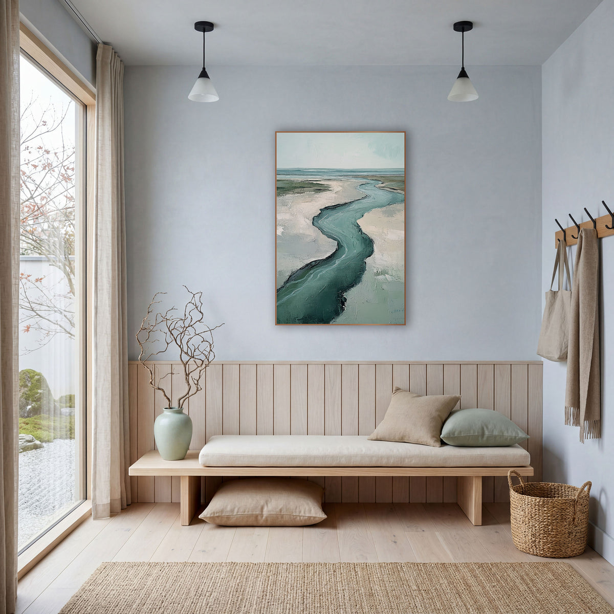 Teal Tidal Creek Coastal Landscape wall art in a bright coastal-style room – aerial view of a winding teal creek