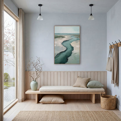 Teal Tidal Creek Coastal Landscape wall art in a bright coastal-style room – aerial view of a winding teal creek