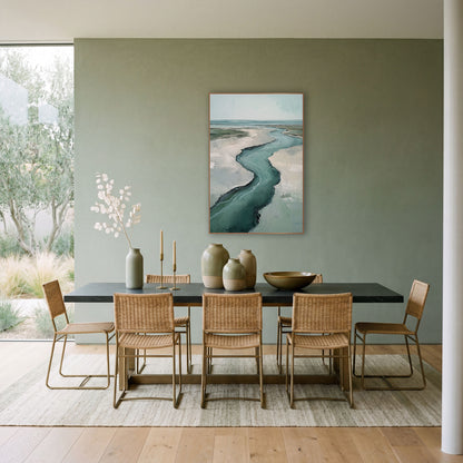 Teal Tidal Creek Coastal Landscape wall art in a bright coastal-style room – aerial view of a winding teal creek