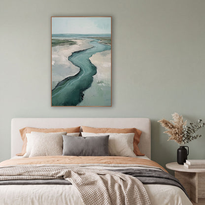 Teal Tidal Creek Coastal Landscape wall art in a bright coastal-style room – aerial view of a winding teal creek