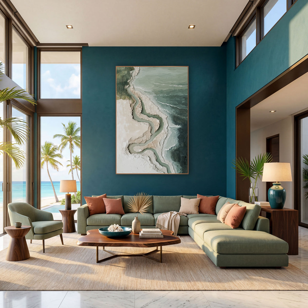 Sage Coastline Aerial Abstract Coastal wall art in a bright coastal-style room – aerial abstract coastline