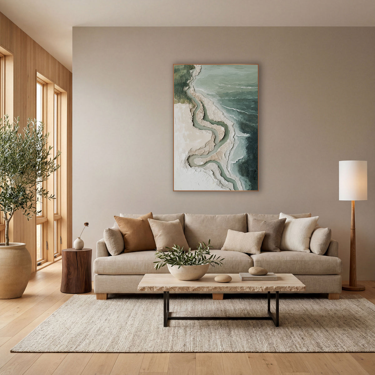 Sage Coastline Aerial Abstract Coastal wall art in a bright coastal-style room – aerial abstract coastline