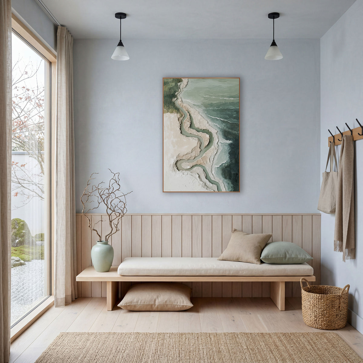 Sage Coastline Aerial Abstract Coastal wall art in a bright coastal-style room – aerial abstract coastline
