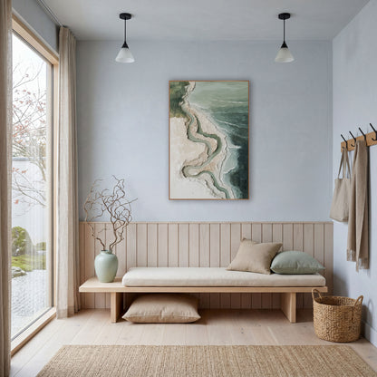 Sage Coastline Aerial Abstract Coastal wall art in a bright coastal-style room – aerial abstract coastline