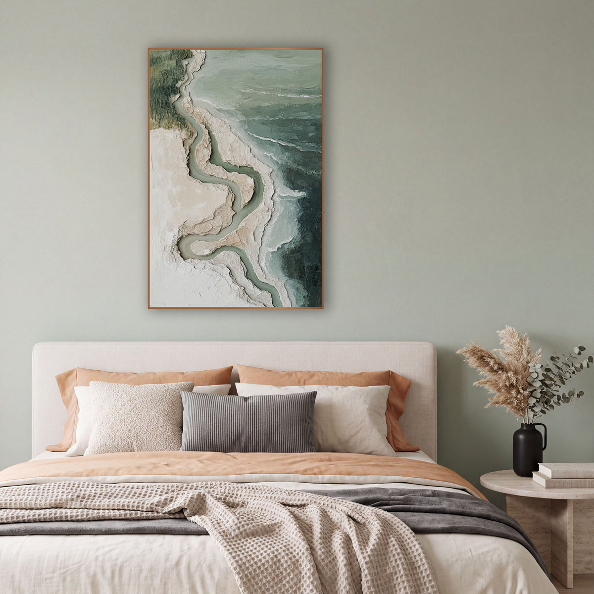 Sage Coastline Aerial Abstract Coastal wall art in a bright coastal-style room – aerial abstract coastline