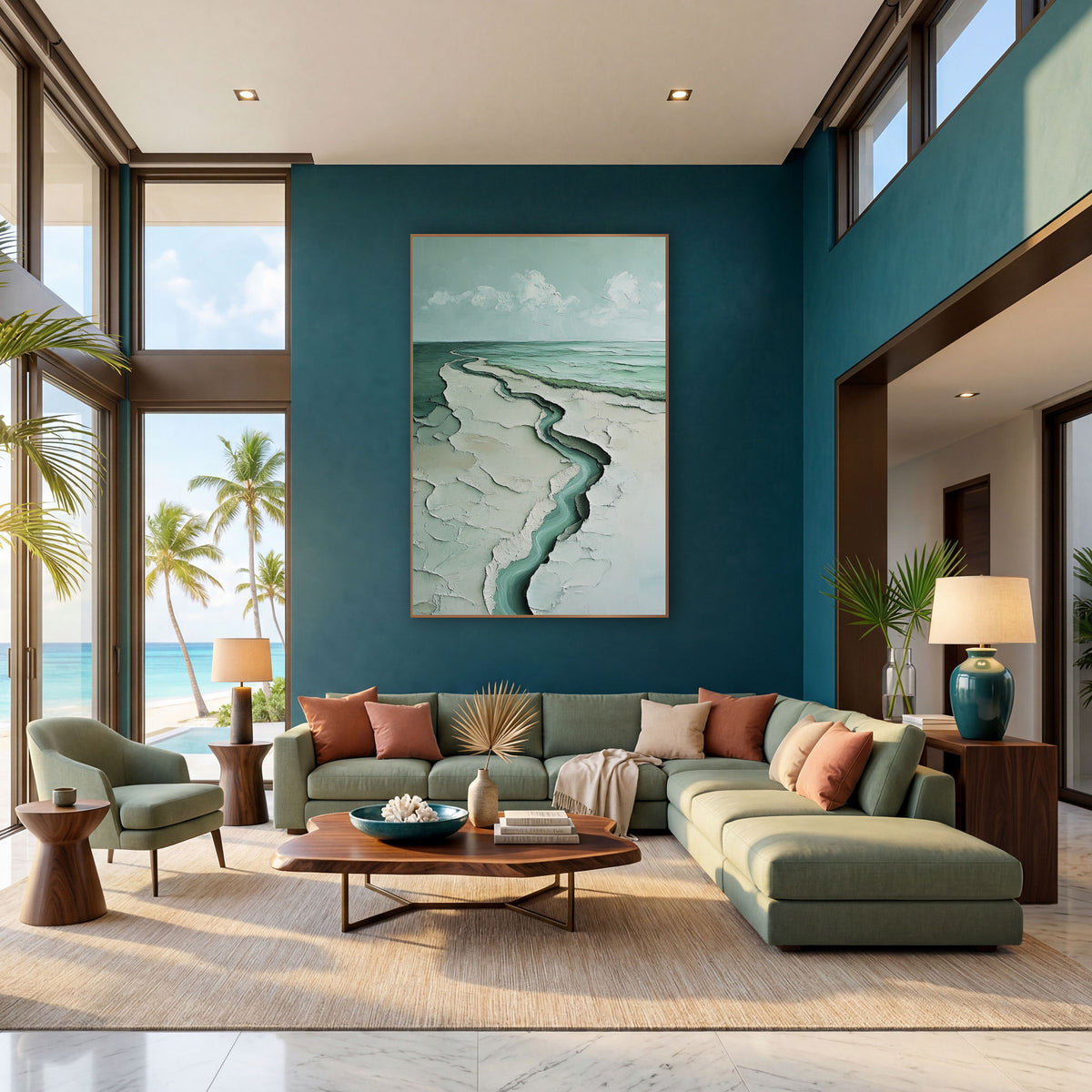 Seafoam Winding Coastline Abstract Coastal wall art in a bright coastal-style room – aerial abstract coastline
