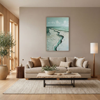 Seafoam Winding Coastline Abstract Coastal wall art in a bright coastal-style room – aerial abstract coastline