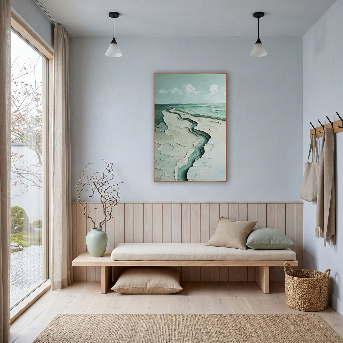 Seafoam Winding Coastline Abstract Coastal wall art in a bright coastal-style room – aerial abstract coastline