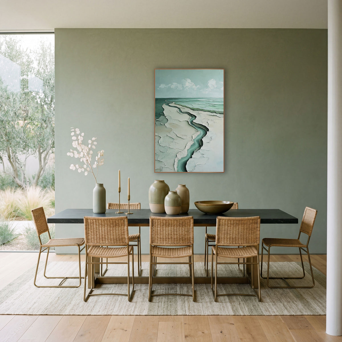 Seafoam Winding Coastline Abstract Coastal wall art in a bright coastal-style room – aerial abstract coastline