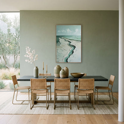 Seafoam Winding Coastline Abstract Coastal wall art in a bright coastal-style room – aerial abstract coastline
