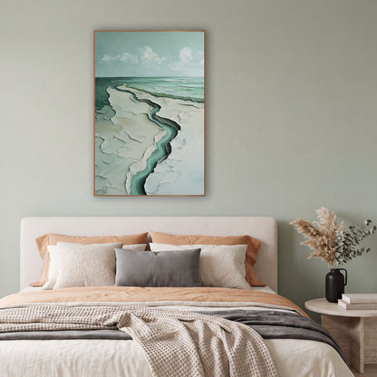 Seafoam Winding Coastline Abstract Coastal wall art in a bright coastal-style room – aerial abstract coastline