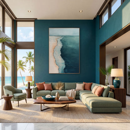 Aerial Coastline Teal Abstract Coastal wall art in a bright coastal-style room – abstract aerial view of a pale sand