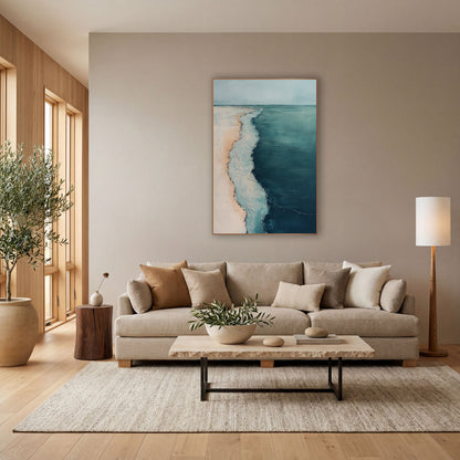 Aerial Coastline Teal Abstract Coastal wall art in a bright coastal-style room – abstract aerial view of a pale sand
