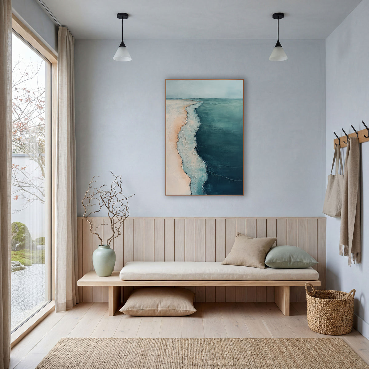 Aerial Coastline Teal Abstract Coastal wall art in a bright coastal-style room – abstract aerial view of a pale sand
