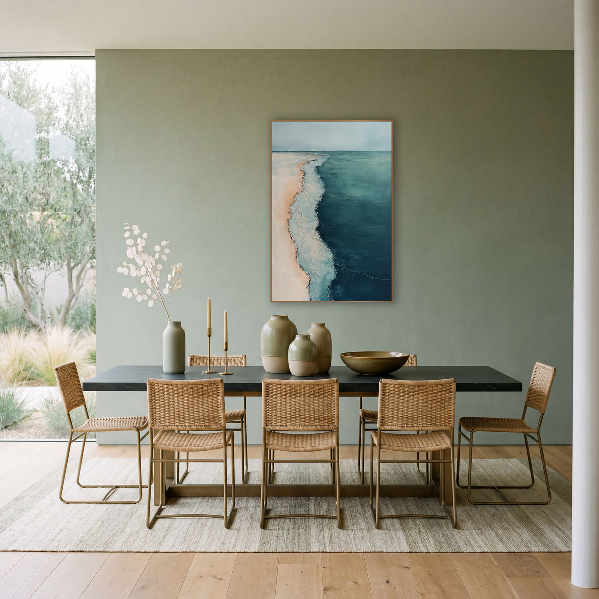 Aerial Coastline Teal Abstract Coastal wall art in a bright coastal-style room – abstract aerial view of a pale sand