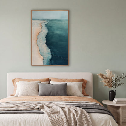 Aerial Coastline Teal Abstract Coastal wall art in a bright coastal-style room – abstract aerial view of a pale sand