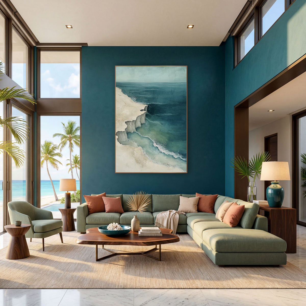 Aerial Coastline Cliffs Teal Coastal wall art in a bright coastal-style room – aerial coastal artwork of a cream shore