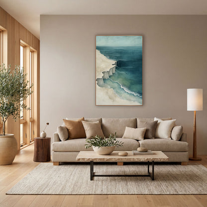 Aerial Coastline Cliffs Teal Coastal wall art in a bright coastal-style room – aerial coastal artwork of a cream shore