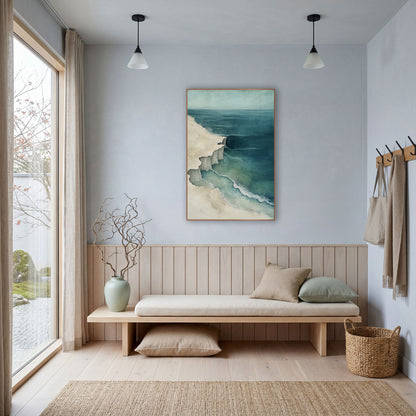 Aerial Coastline Cliffs Teal Coastal wall art in a bright coastal-style room – aerial coastal artwork of a cream shore