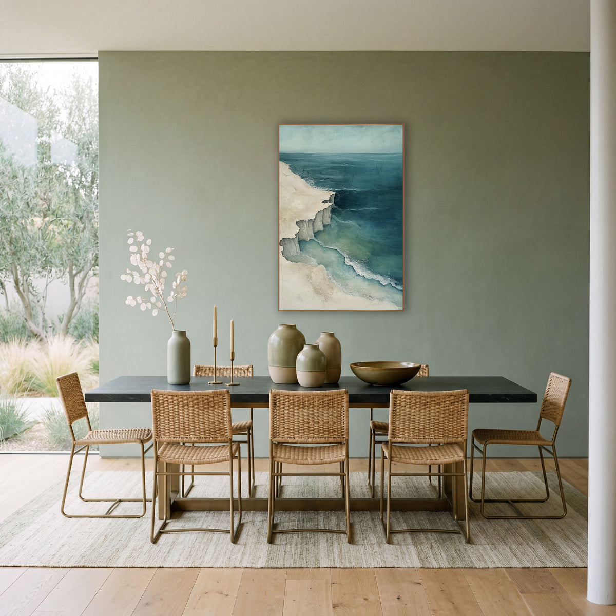 Aerial Coastline Cliffs Teal Coastal wall art in a bright coastal-style room – aerial coastal artwork of a cream shore