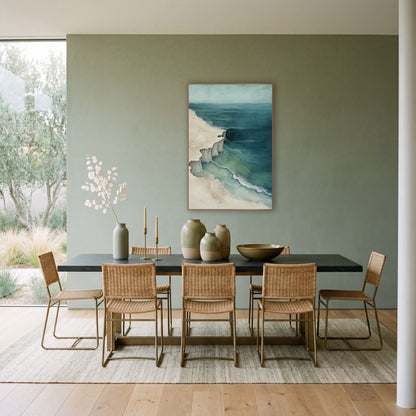 Aerial Coastline Cliffs Teal Coastal wall art in a bright coastal-style room – aerial coastal artwork of a cream shore