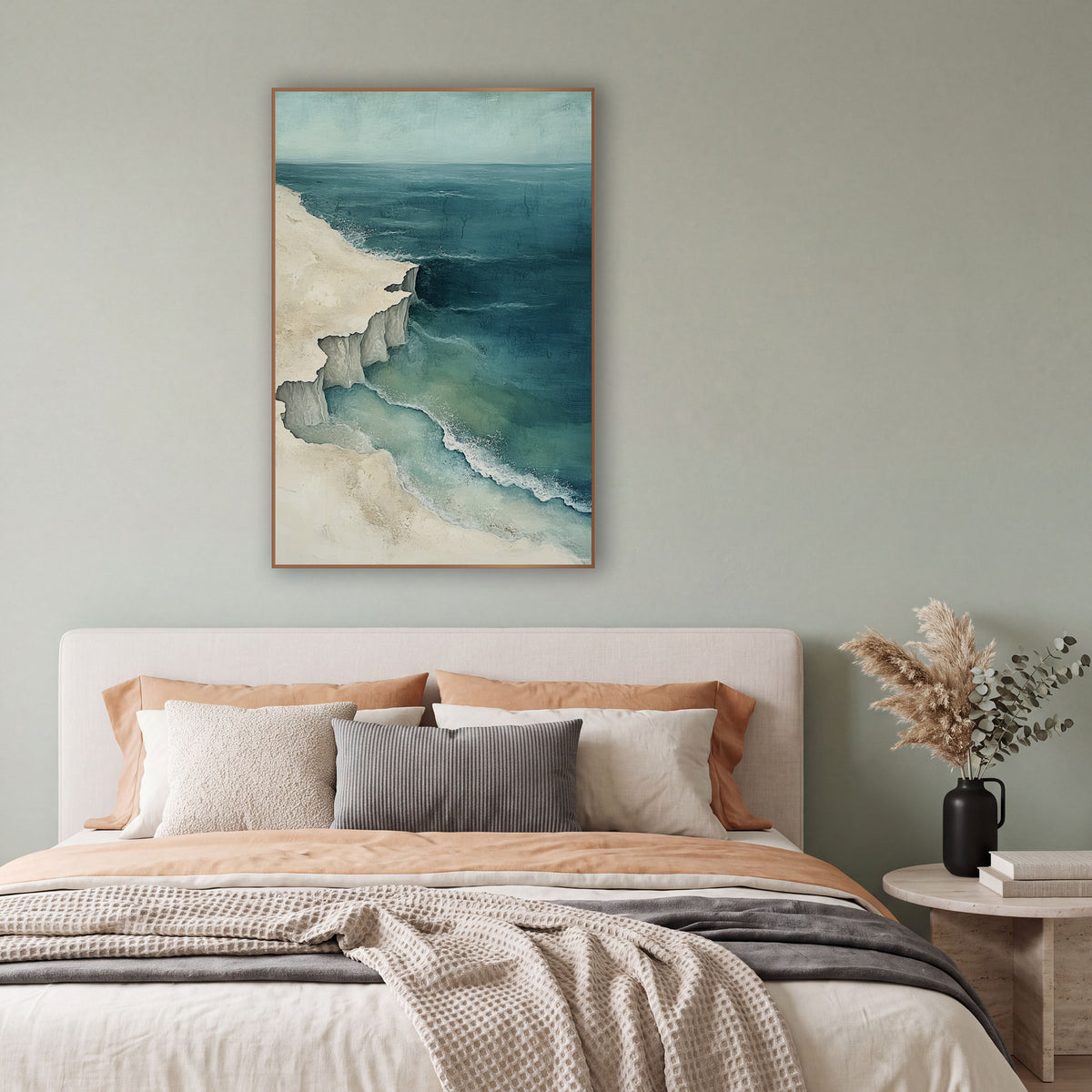 Aerial Coastline Cliffs Teal Coastal wall art in a bright coastal-style room – aerial coastal artwork of a cream shore