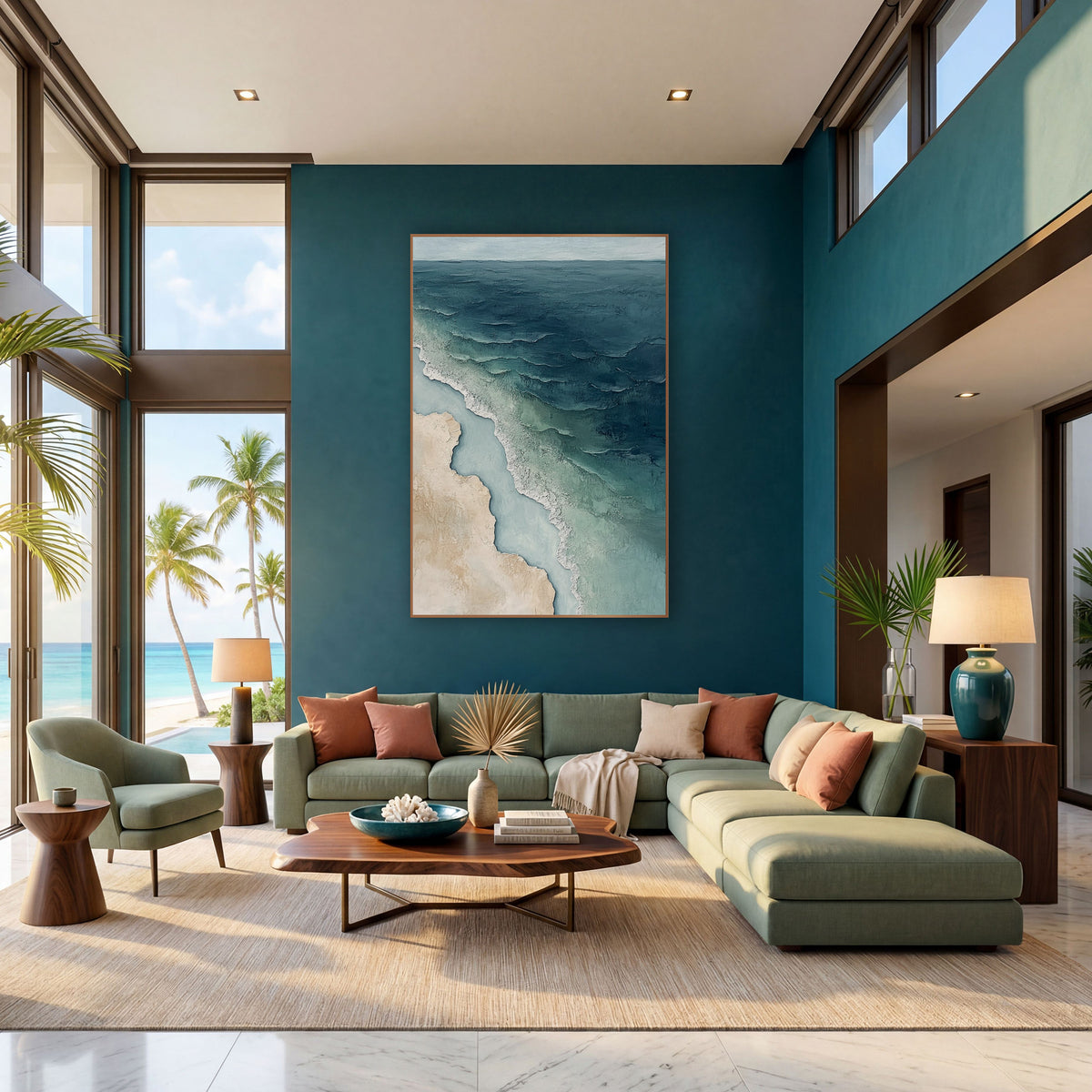 Aerial Coastline Teal Beach Abstract wall art in a bright coastal-style room – abstract aerial view of a coastline