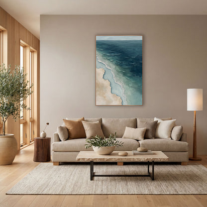 Aerial Coastline Teal Beach Abstract wall art in a bright coastal-style room – abstract aerial view of a coastline