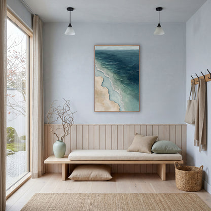 Aerial Coastline Teal Beach Abstract wall art in a bright coastal-style room – abstract aerial view of a coastline
