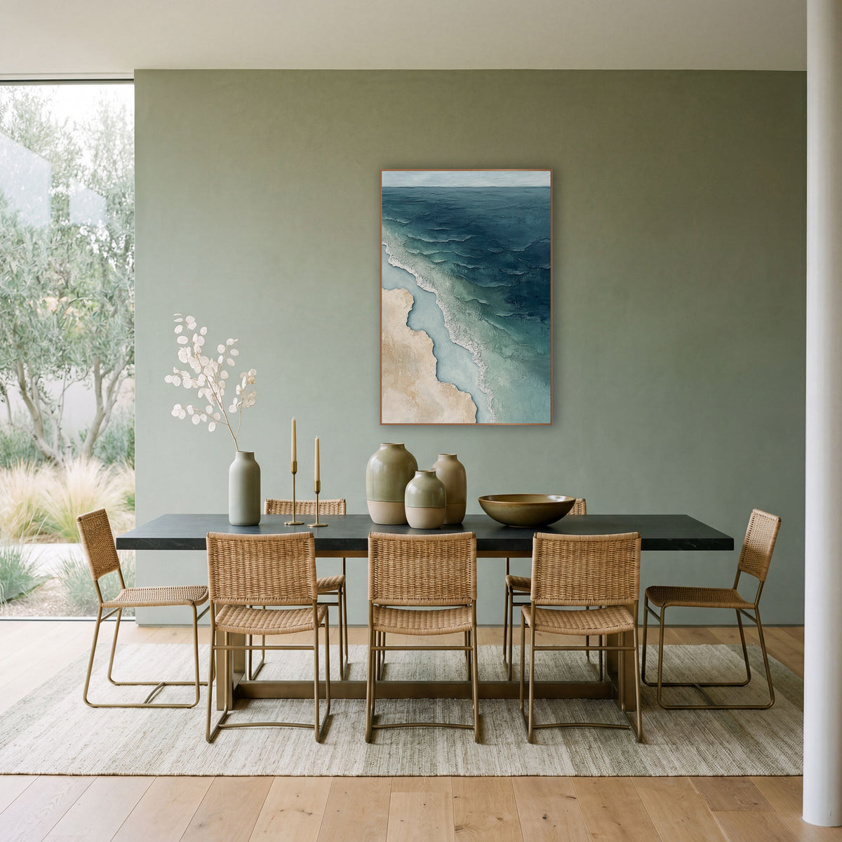 Aerial Coastline Teal Beach Abstract wall art in a bright coastal-style room – abstract aerial view of a coastline