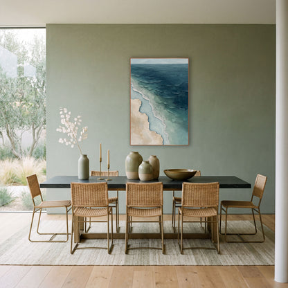 Aerial Coastline Teal Beach Abstract wall art in a bright coastal-style room – abstract aerial view of a coastline