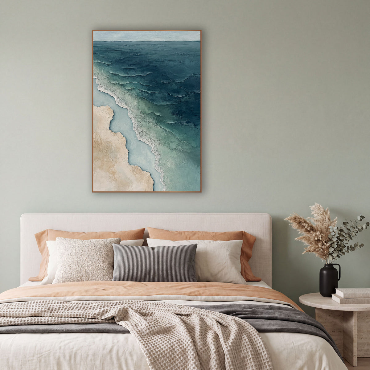 Aerial Coastline Teal Beach Abstract wall art in a bright coastal-style room – abstract aerial view of a coastline