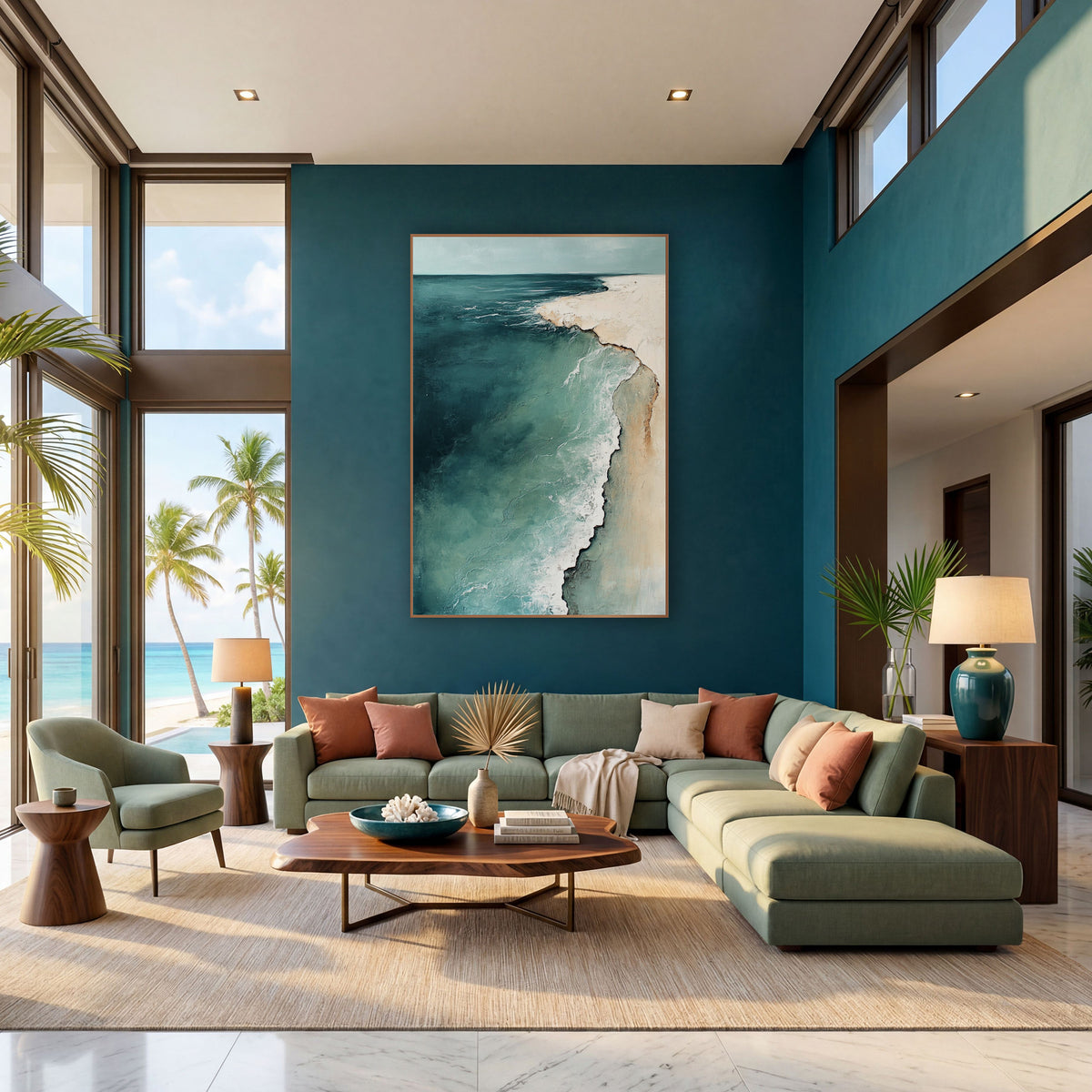 Teal Aerial Coastline Abstract Seascape wall art in a bright coastal-style room – abstract aerial coastline in deep