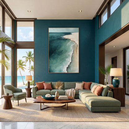 Teal Aerial Coastline Abstract Seascape wall art in a bright coastal-style room – abstract aerial coastline in deep