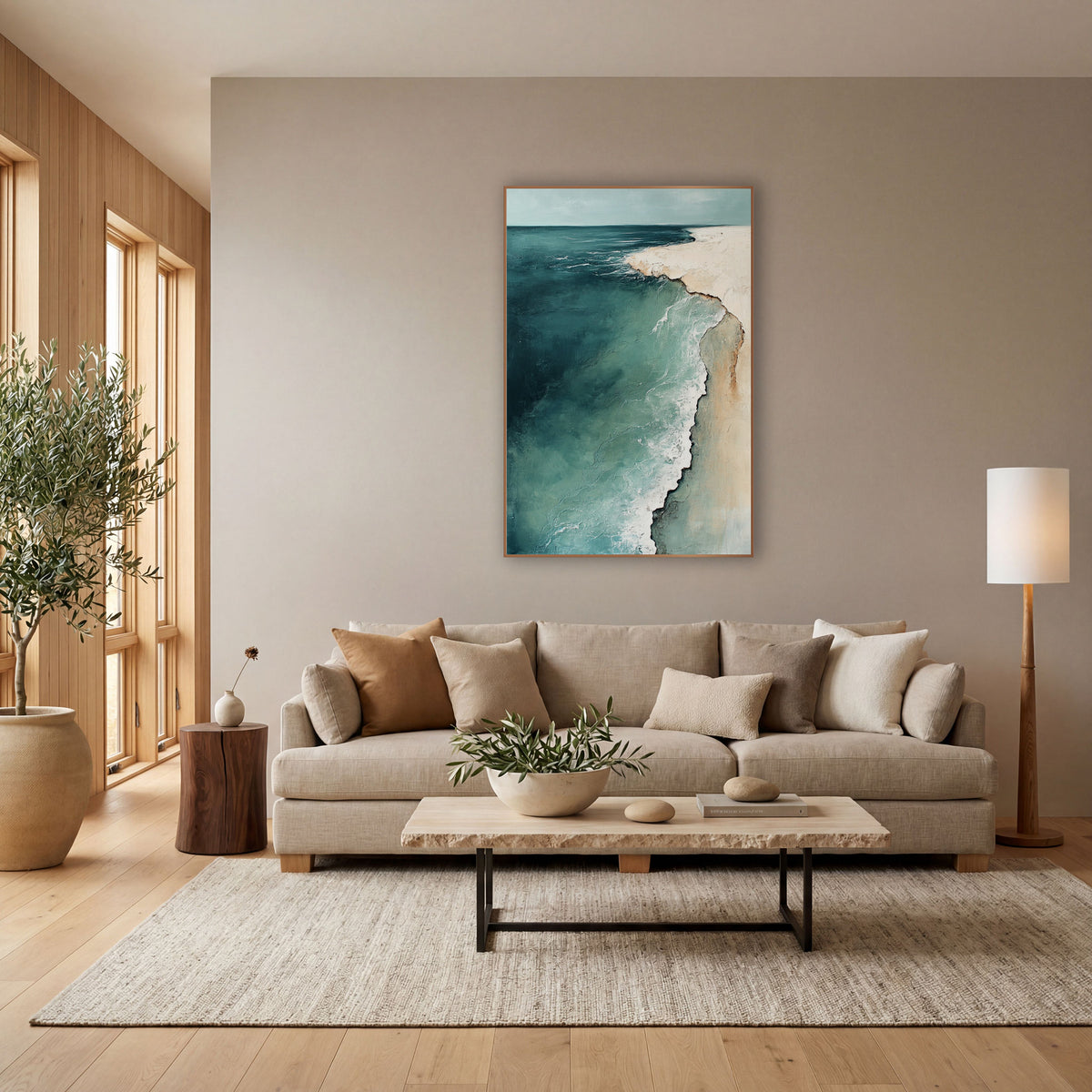 Teal Aerial Coastline Abstract Seascape wall art in a bright coastal-style room – abstract aerial coastline in deep